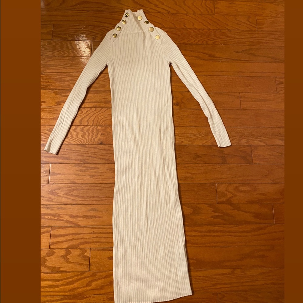 Zara Beige Ribbed Crewneck Long Sleeve Bodycon Midi Dress Small